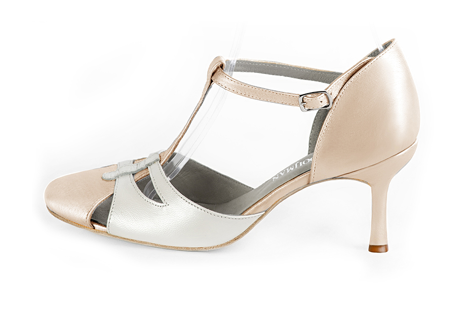 French elegance and refinement for these gold and pure white dress T-strap open side shoes, 
                available in many subtle leather and colour combinations. A pretty model with a comfortable "Salomé" strap and good support.
Its charming spyglass cut-out gives you plenty of scope for personalisation.  
                Matching clutches for parties, ceremonies and weddings.   
                You can customize these shoes to perfectly match your tastes or needs, and have a unique model.  
                Choice of leathers, colours, knots and heels. 
                Wide range of materials and shades carefully chosen.  
                Rich collection of flat, low, mid and high heels.  
                Small and large shoe sizes - Florence KOOIJMAN